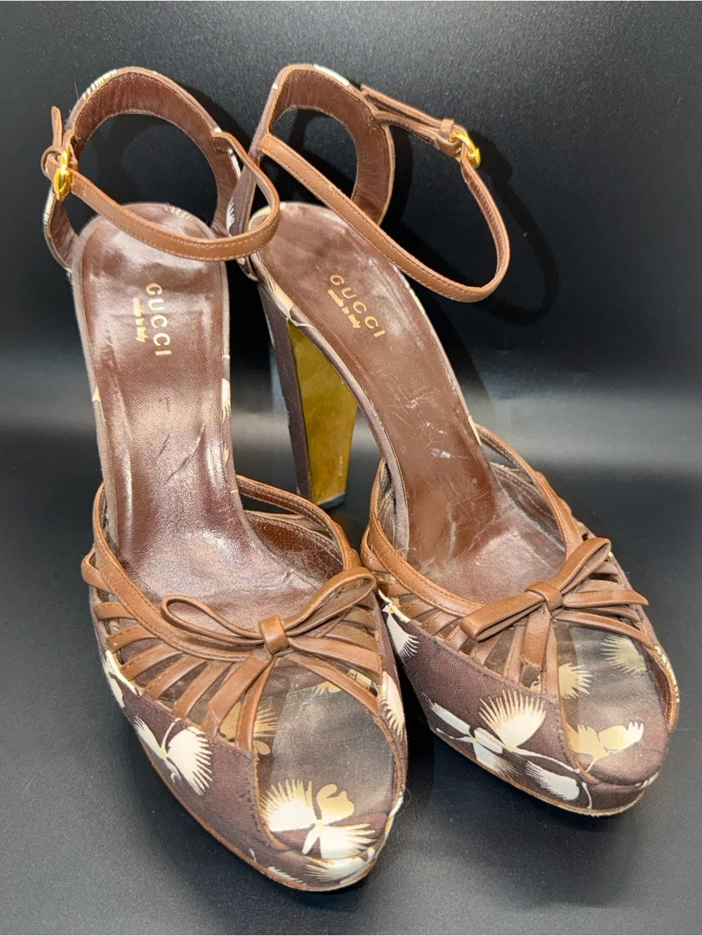 Rare Vintage Gucci Sandals Heels Brown Leather & Flowers Early 2000 Y2K Fits 7.5